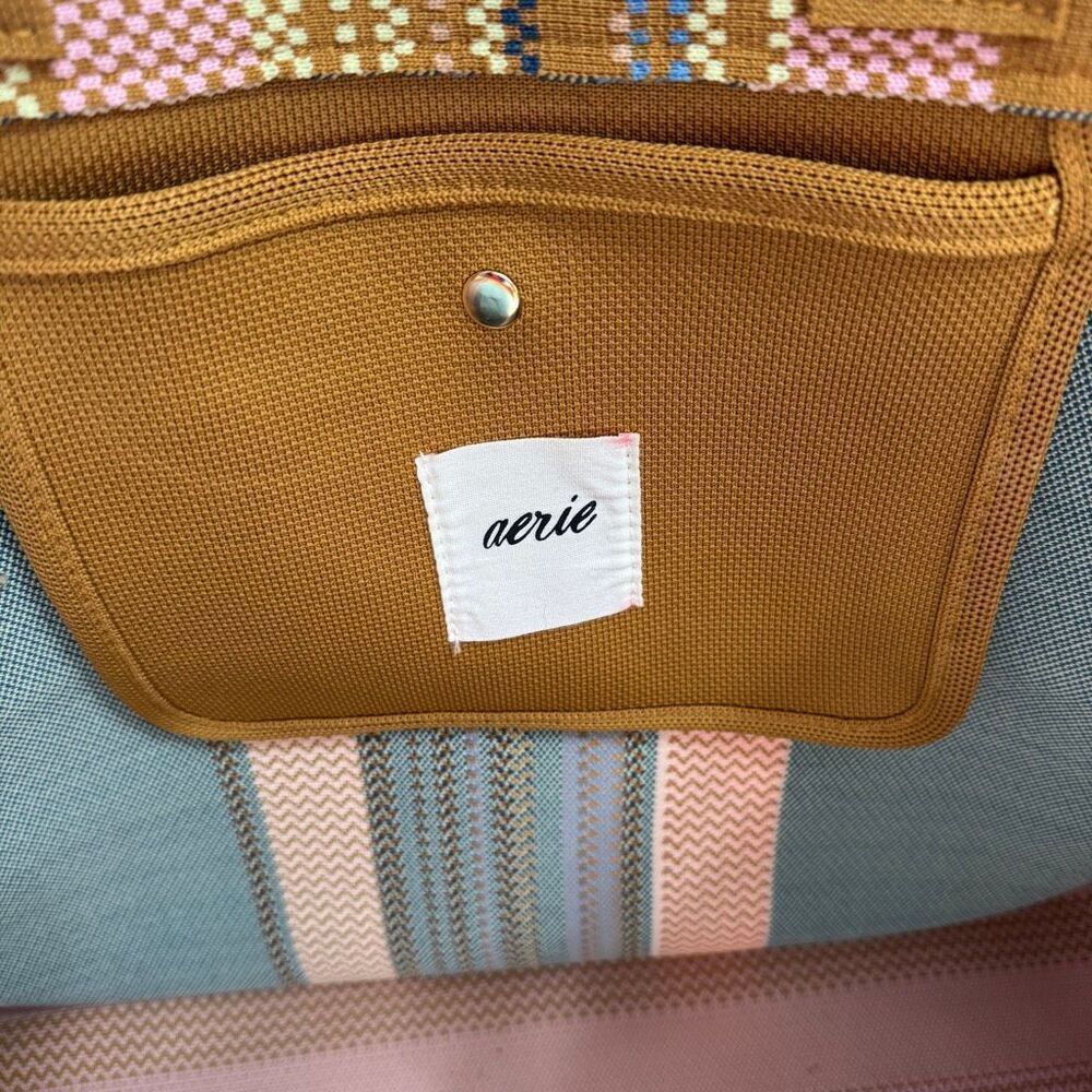 Aerie Large Beach Tote Mustard Yellow Multi Color Striped Accent Panel - Picture 7 of 9